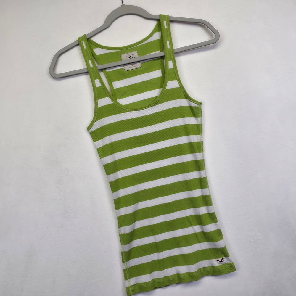 Y2K Hollister Tank Top Women L Green White Striped Knit Ribbed Racerback Stretch - Picture 2 of 14
